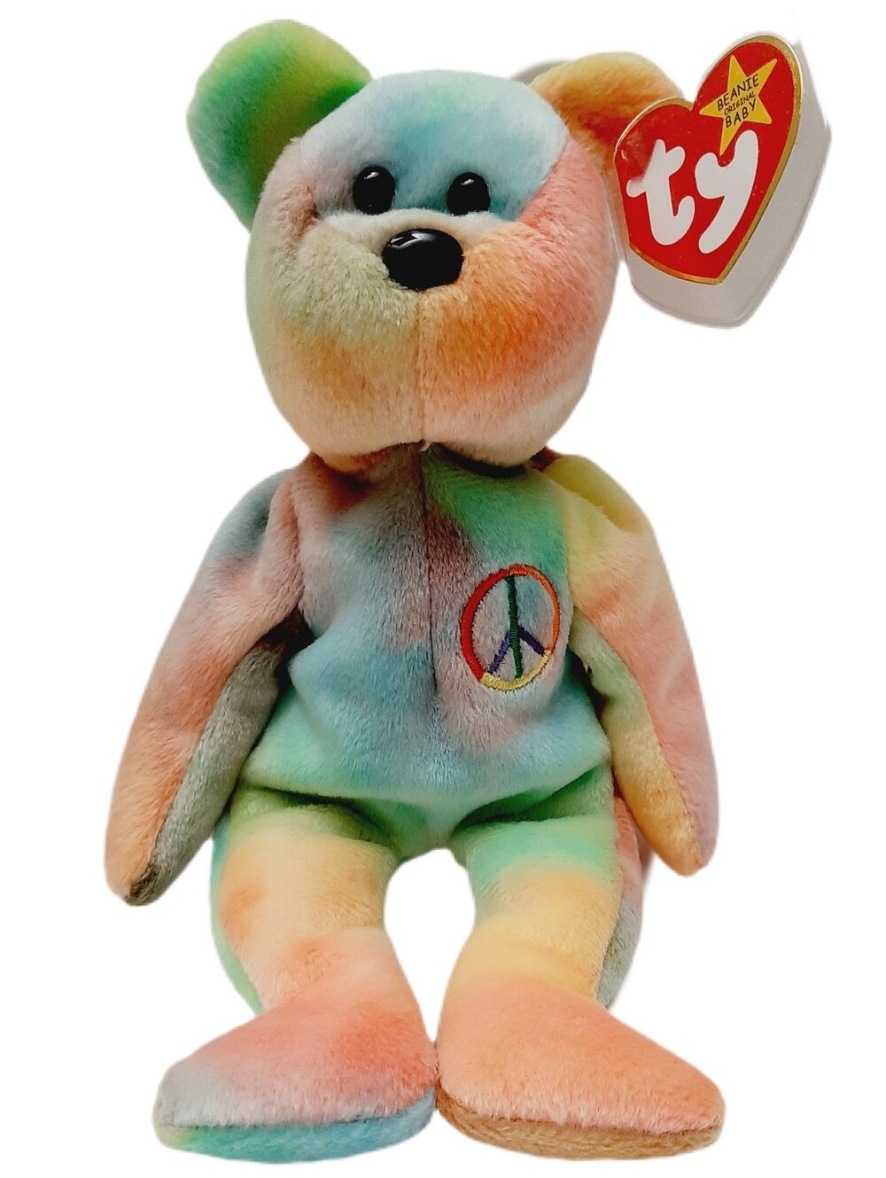 🍒 NWT Ty Beanie Baby Peace Bear 1996 Tie Dye Pastel New NOS Plush Soft Kids Toy